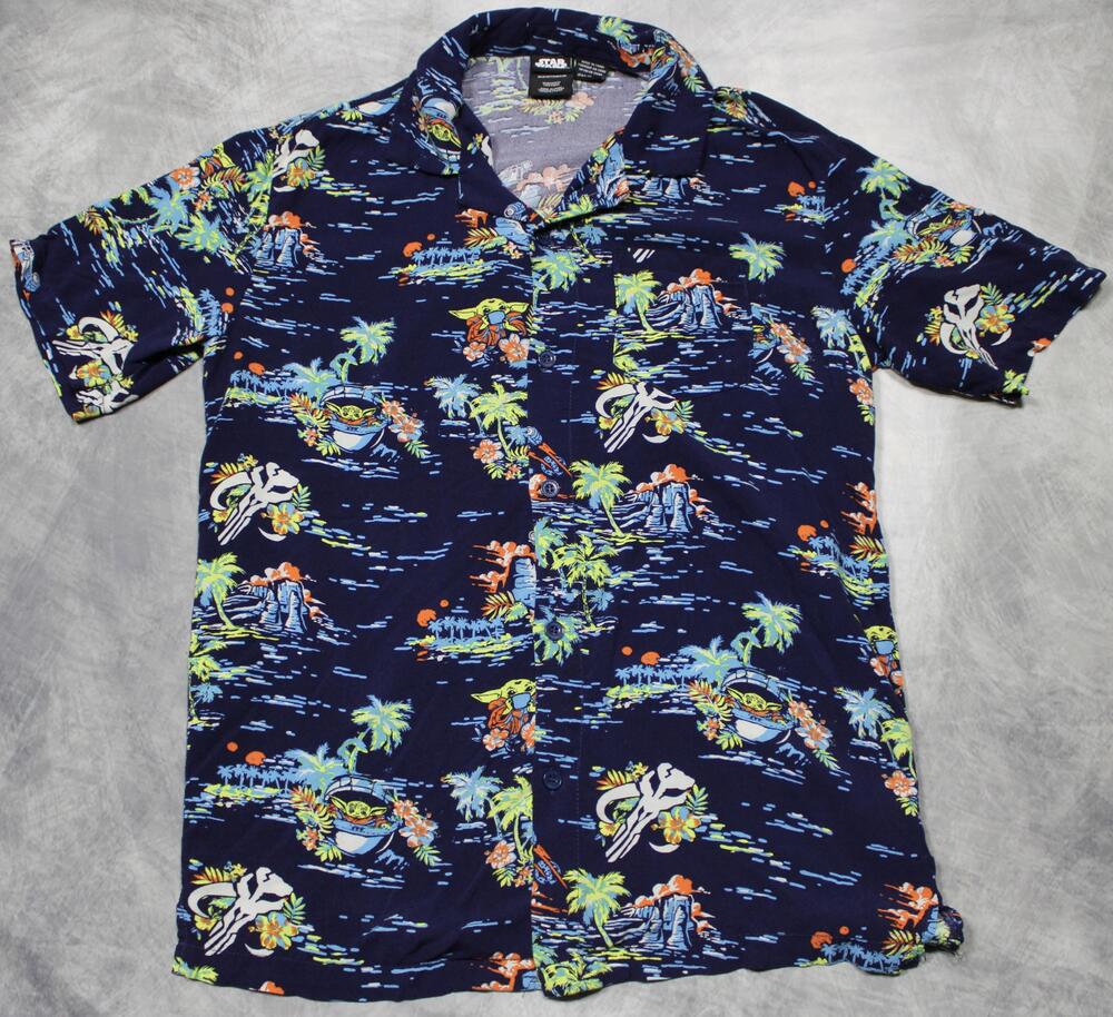 Star Wars Shirt Mens Small Blue Grogu Hawaiian Short Sleeve Button Up Aloha